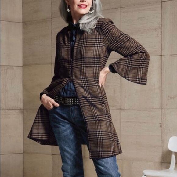 Cabi 3902 Flounce Hem Plaid Longline Full-Zip Jacket 2 Way Zipper Women’s Size S - Picture 2 of 15